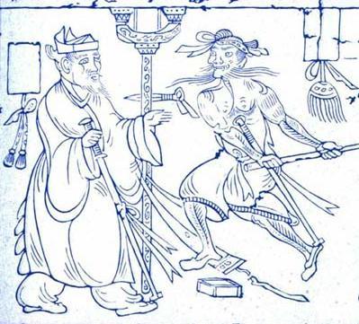 Mozi y el moísmo. Dibujo de Mozi que mira al frente con un rollo de papel en las manos.