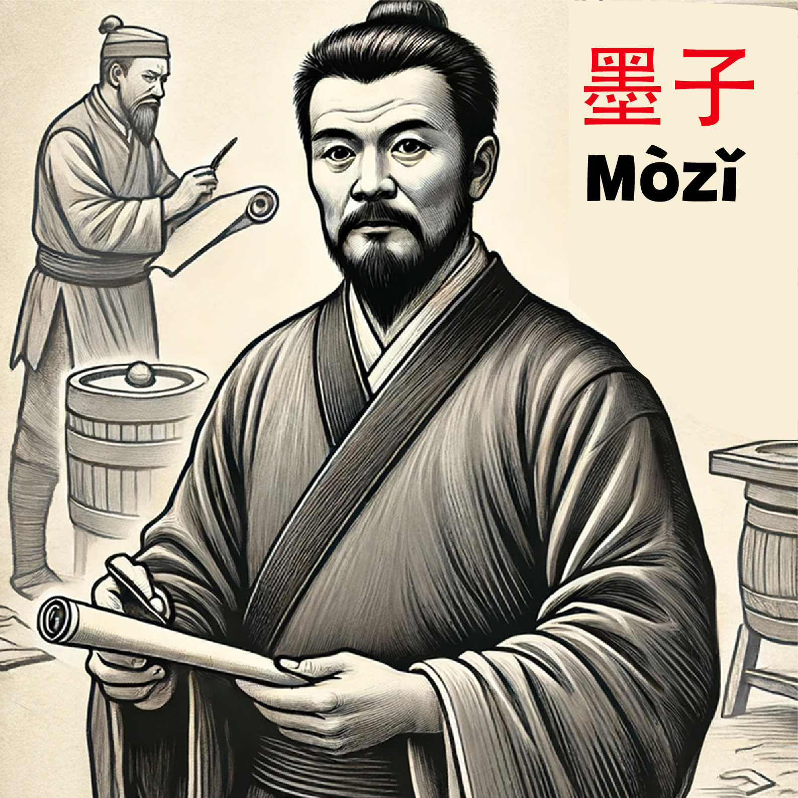 Mozi y el moísmo. Dibujo de Mozi que mira al frente con un rollo de papel en las manos.